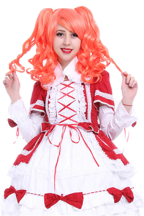 45 cm mittel orange rote lolita cosplay Perücke Wasserwelle Mädchen lockig mit Pferdeschwänzen Haare