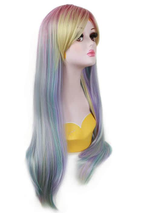 70 cm langes Cosplay Perücke mit Regenbogen gemischt blau gerade fade Frauen Haare