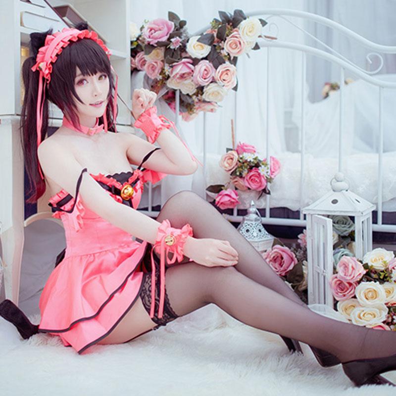 Datum mit einem Live Kurumi Tokisaki Cat Pink Kleid Cosplay Kostüm