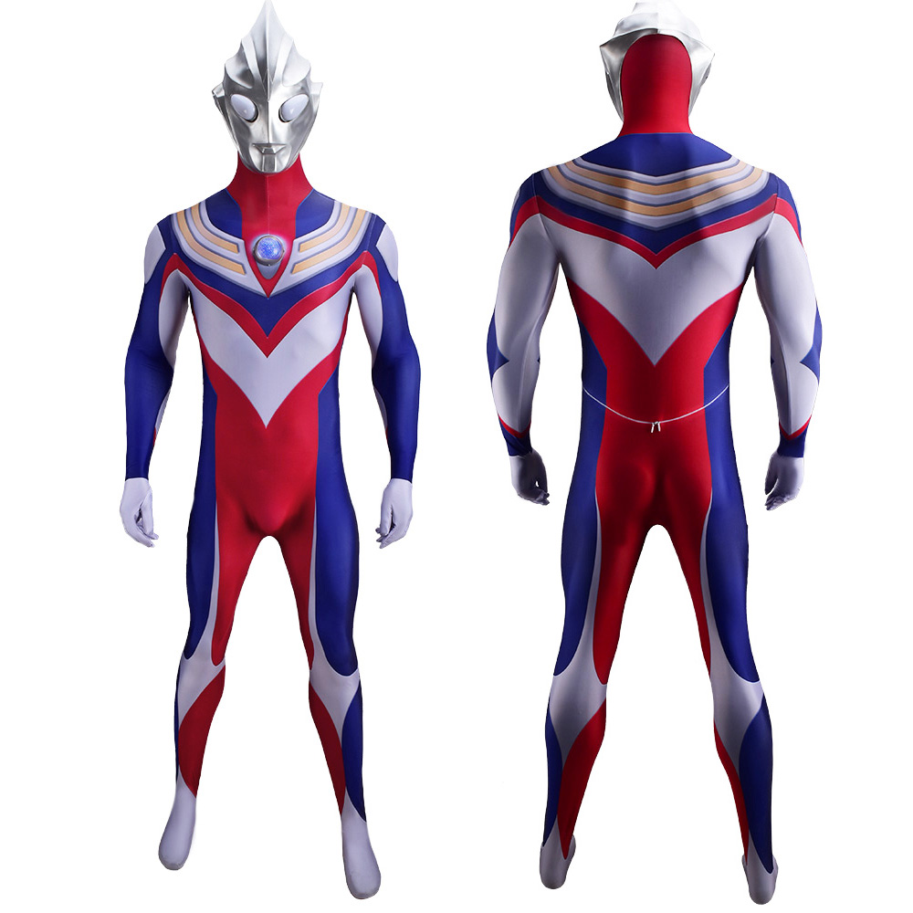 Erwachsene Anime Ultraman Tiga Kostüm mit coolem Helm Halloween Cosplay Jumpsuit Strumpfhosen Bodysuit Fantasy Ultraman Tiga Cosplay Kostüm