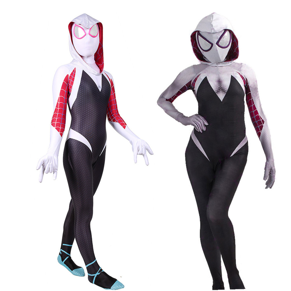 Marvel Superhelden Gwen Spider-Man Neu in den Spinnenverse Cosplay Halloween Party Geburtstag Kostüme BodySuit Strumpfhosen Jumpsuit Erwachsene/Kinder 3D-Stil