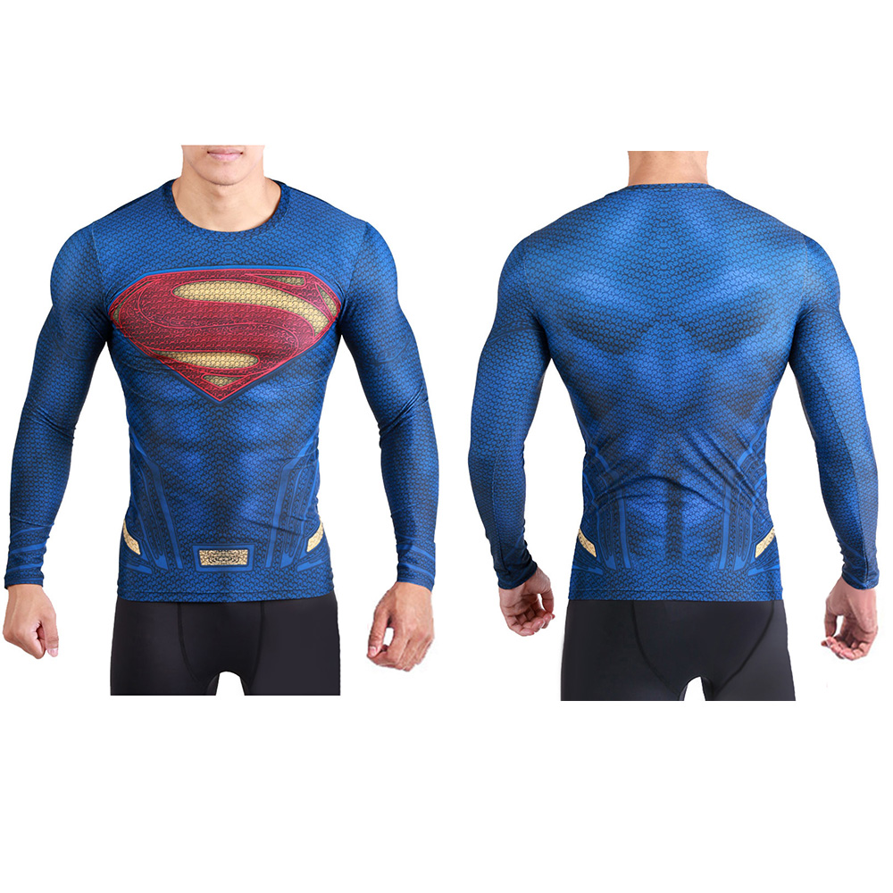 Man of Steel Superman Rollenspiel Kostüm langärmelte Hemd Outdoor Sportmuskelanzug Fitnessanzug Halloween Kostüm für Erwachsene/Kinder