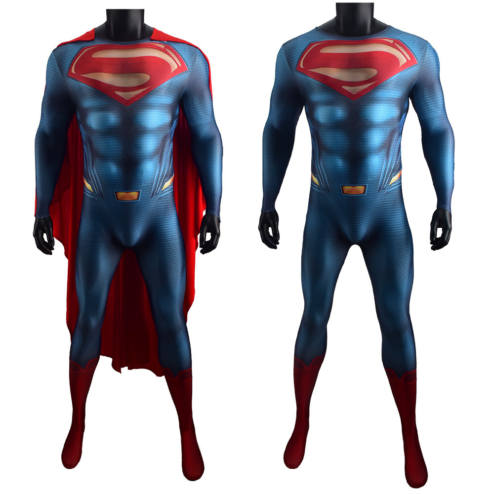 Man of Steel Superman Deluxe Strumpfhose Jumpsuit Superhelden Kostüm Polyester Dehnsame Halloween Cosplay Kostüm -Muskelanzug Outfit für Erwachsene/Kinder voll mit Cape