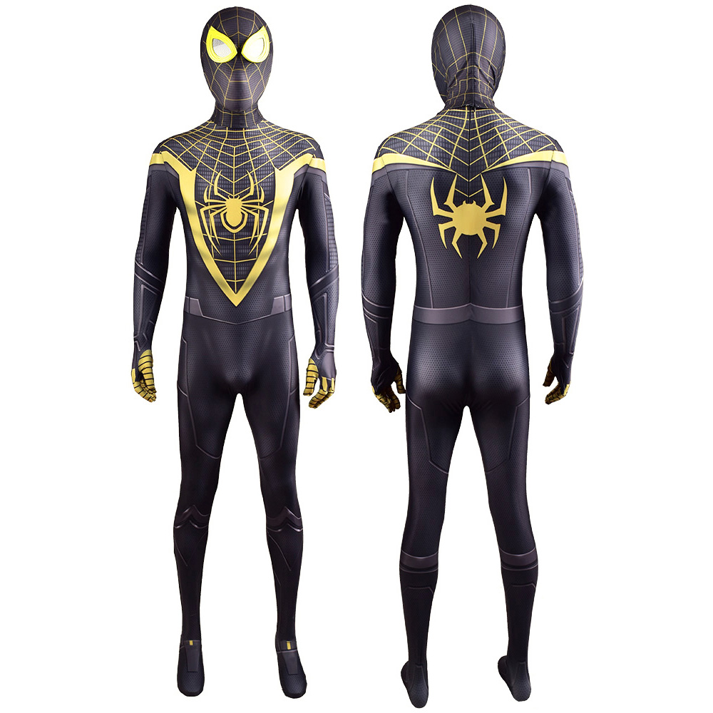 Spiel PS5 Spider-Man Miles Morales Halloween Kostüm Superheld Neu in den Spinnenvers Zentai Cosplay Kostüme Erwachsener 3D-Stil (gelbe Version)