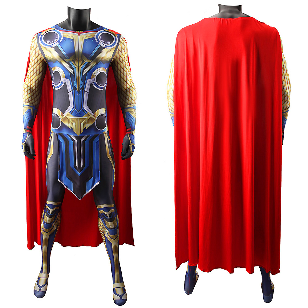 Thor Love and Thunder Outfit Cosplay Kostüm einteilige Strumpfhosen Halloween Luxusanzug mit Cape Marvel Mighty Thor Kostüm