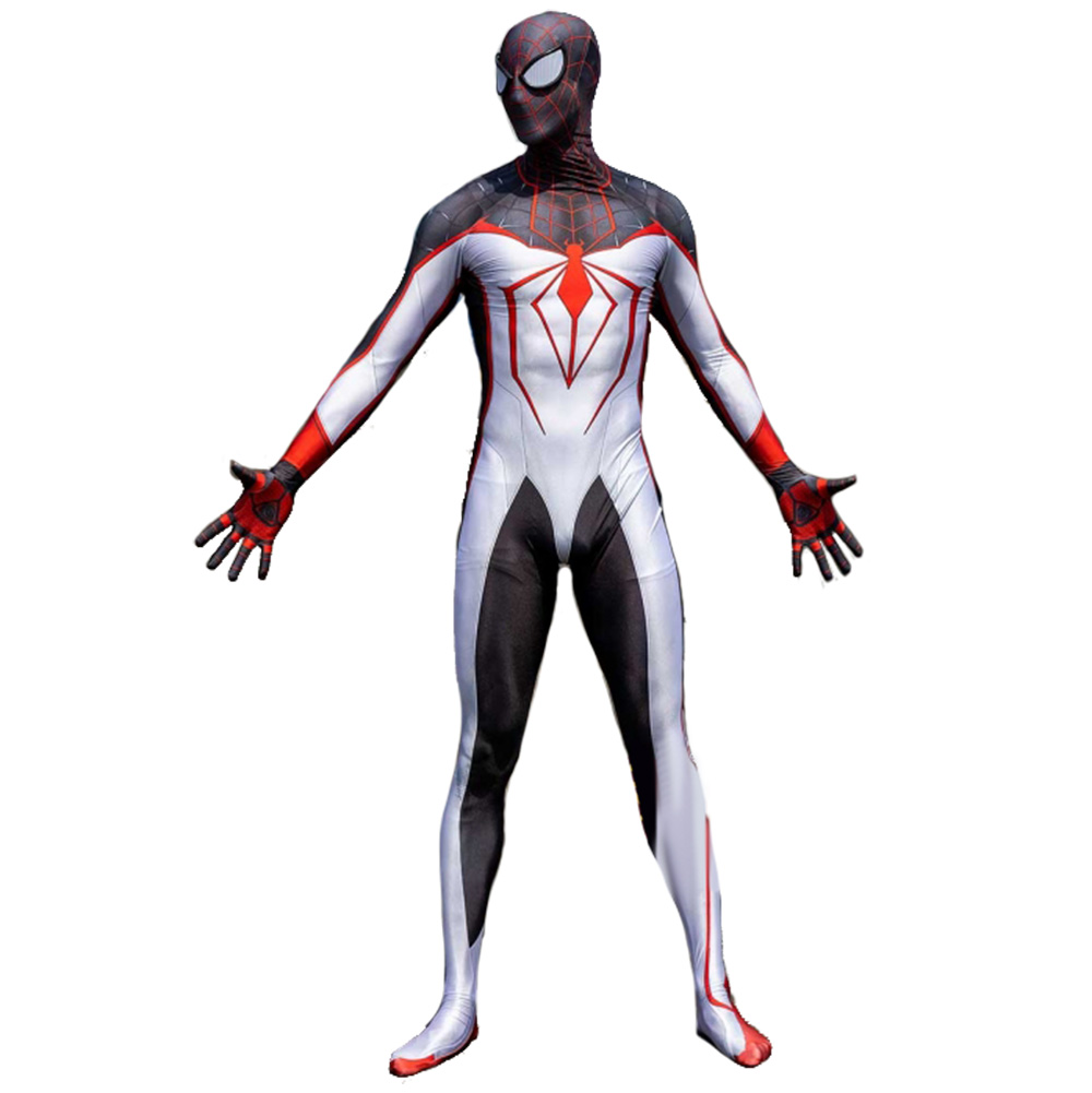 Spandex Cosplay Superhelden Miles Morales Spinnen Kostüm-Outfit Ganzkörper Halloween Unisex Cosplay Zentai Anzug Weißer Stil